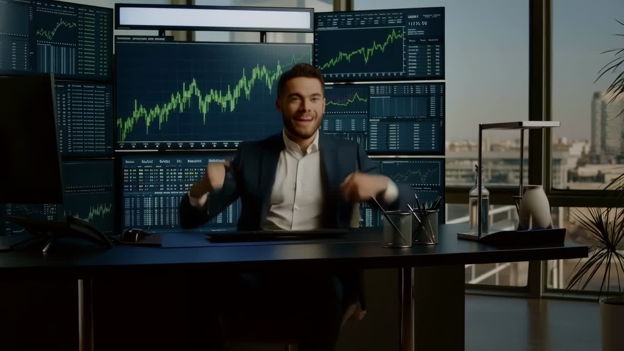 Businessman Reacting to Stock Market Success in a Modern Office
