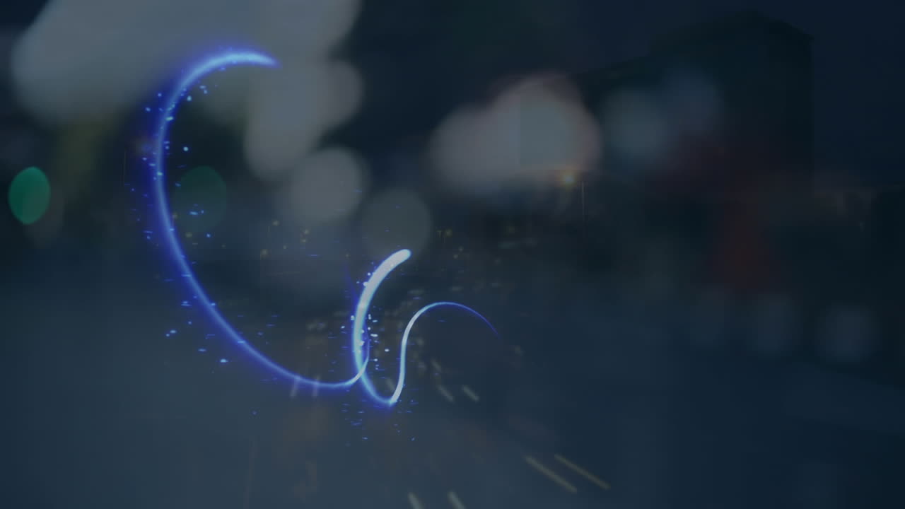 animación de formas de neón sobre el paisaje urbano por la noche.