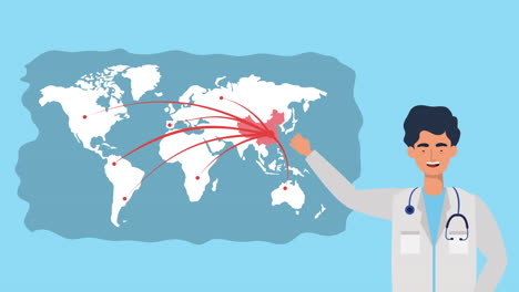 global health awareness: doctor points to china on world map