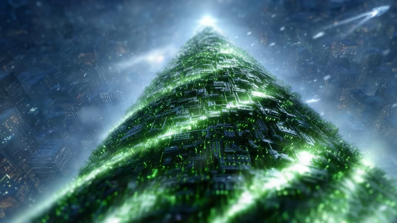 A Stunning Futuristic Tree Emerges in a Digital Landscape, Illuminated by Green Lights Against a Backdrop of Distant Cities and a Mysterious Atmosphere