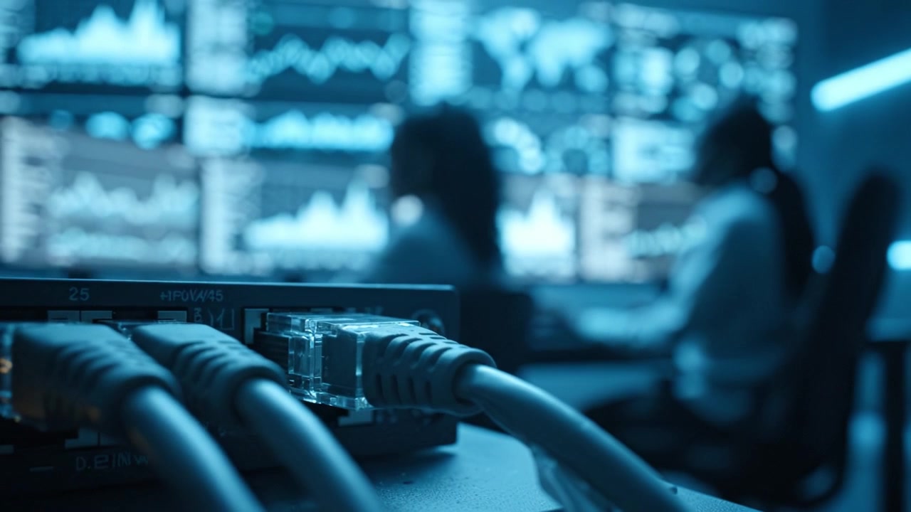 Analyse du trafic de données dans une salle de contrôle moderne avec des écrans visuels et des équipements réseau, axée sur la transmission de données et la surveillance du flux d'informations.