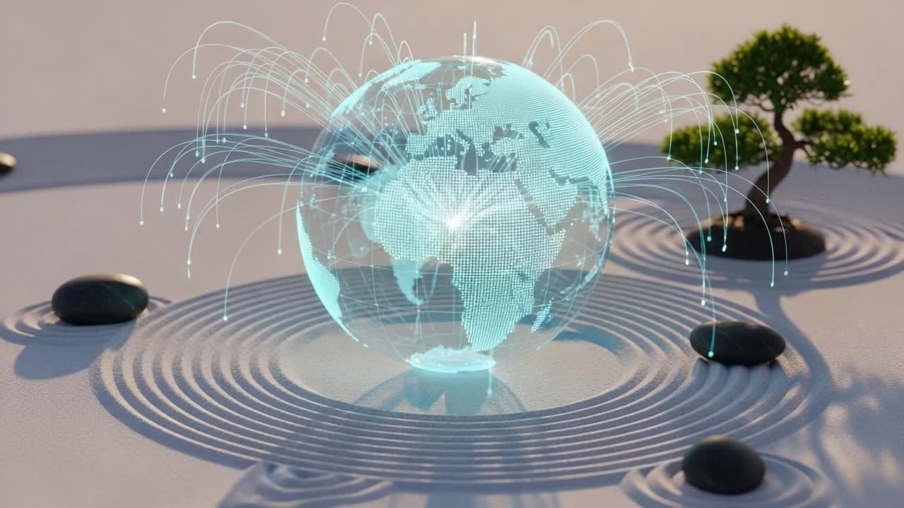 A mesmerizing digital representation of a globe showcasing interconnected lines and waves, symbolizing global networking and communication with a serene landscape background