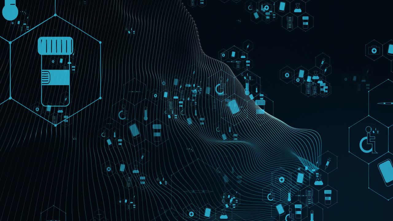 animación del fondo del sonar con iconos médicos y procesamiento de datos en fondo negro