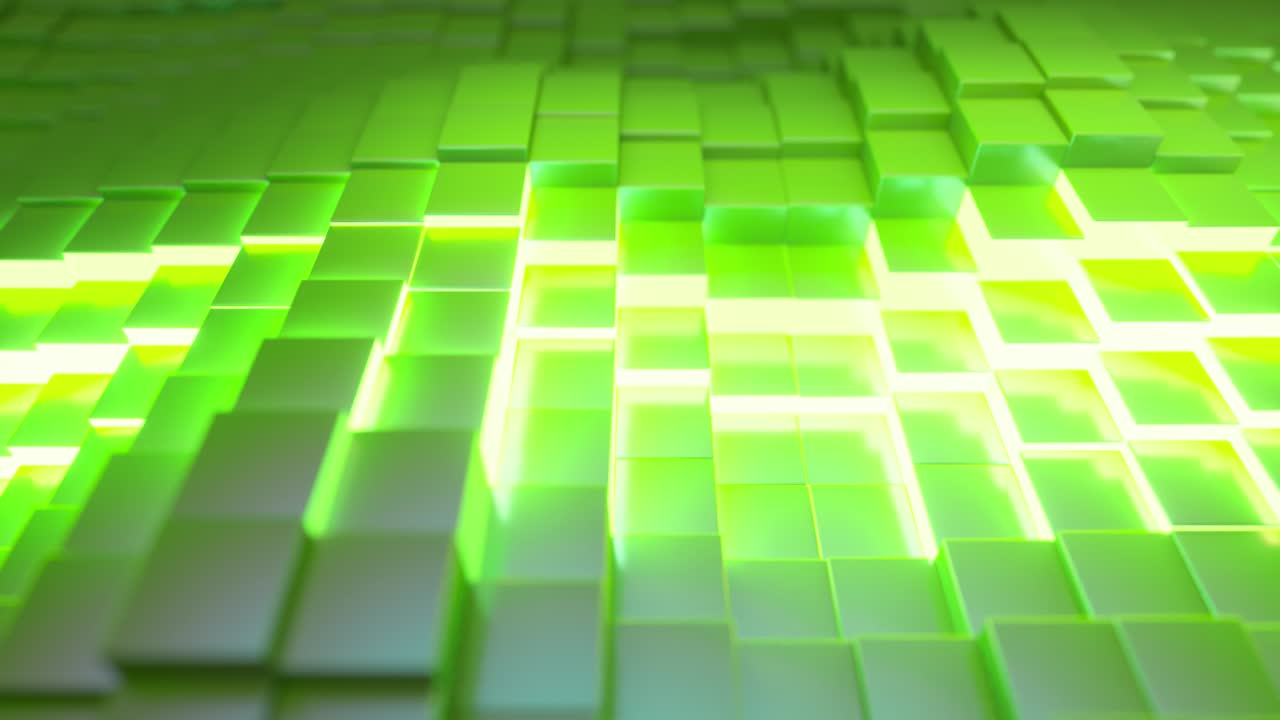 fondo de tecnología abstracta para presentaciones de negocios. cubos que se mueven al azar. brillo de neón brillante en el medio. bucle sin costuras 3d render
