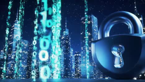cybersecurity lock in a cityscape at night