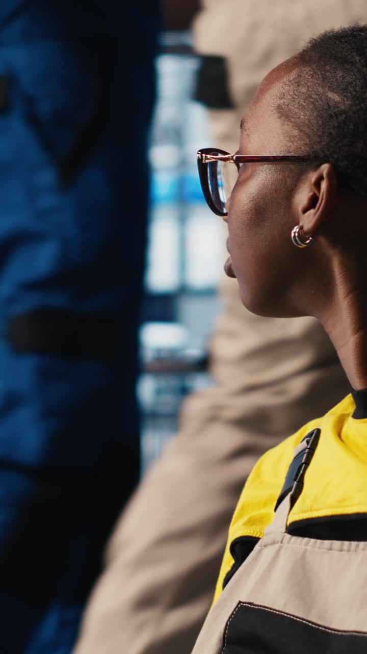 Vertical video Worker using tablet in smart factory, collecting and analyzing data