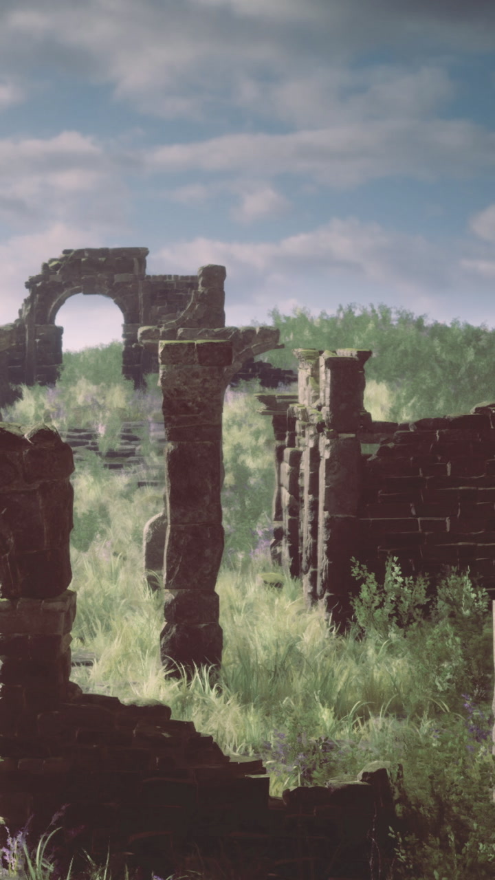 Ruins stand in an overgrown field under a cloudy sky during daylight hours