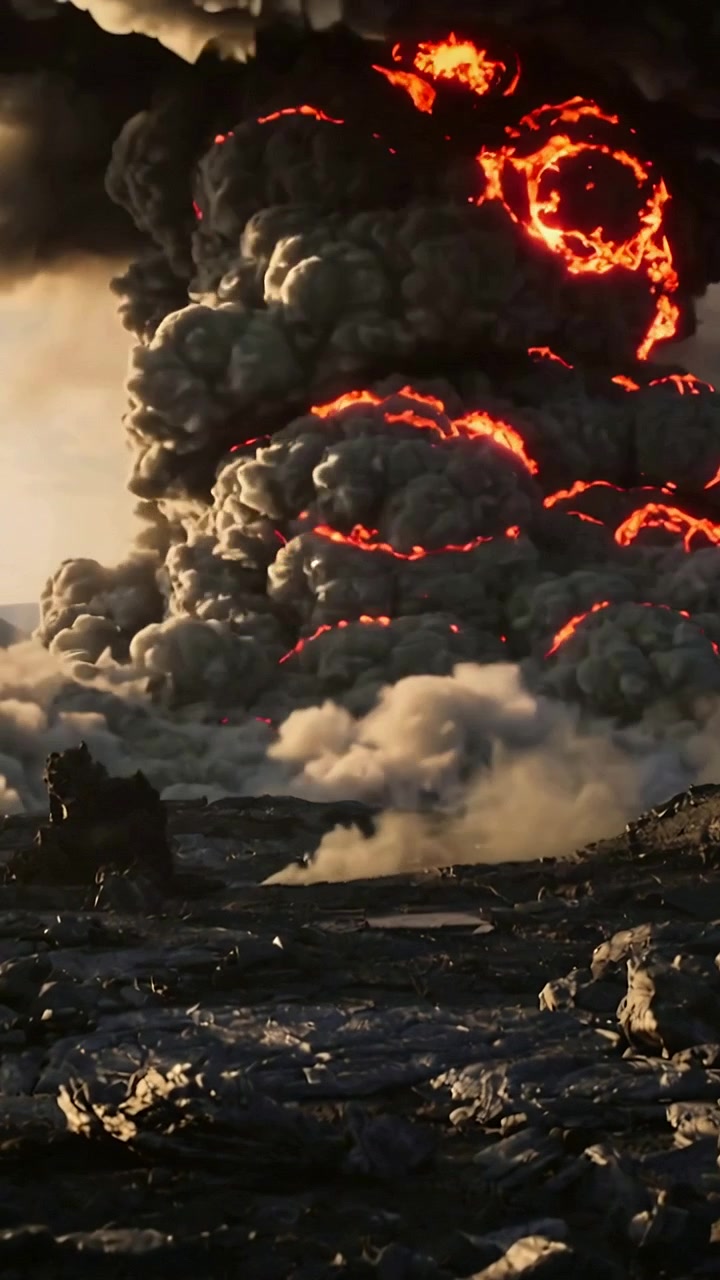Video verticale: Colonna di cenere in ascesa da uno sfiato che rivela venature di lava incandescente in un campo lavico, bagliore fuso.