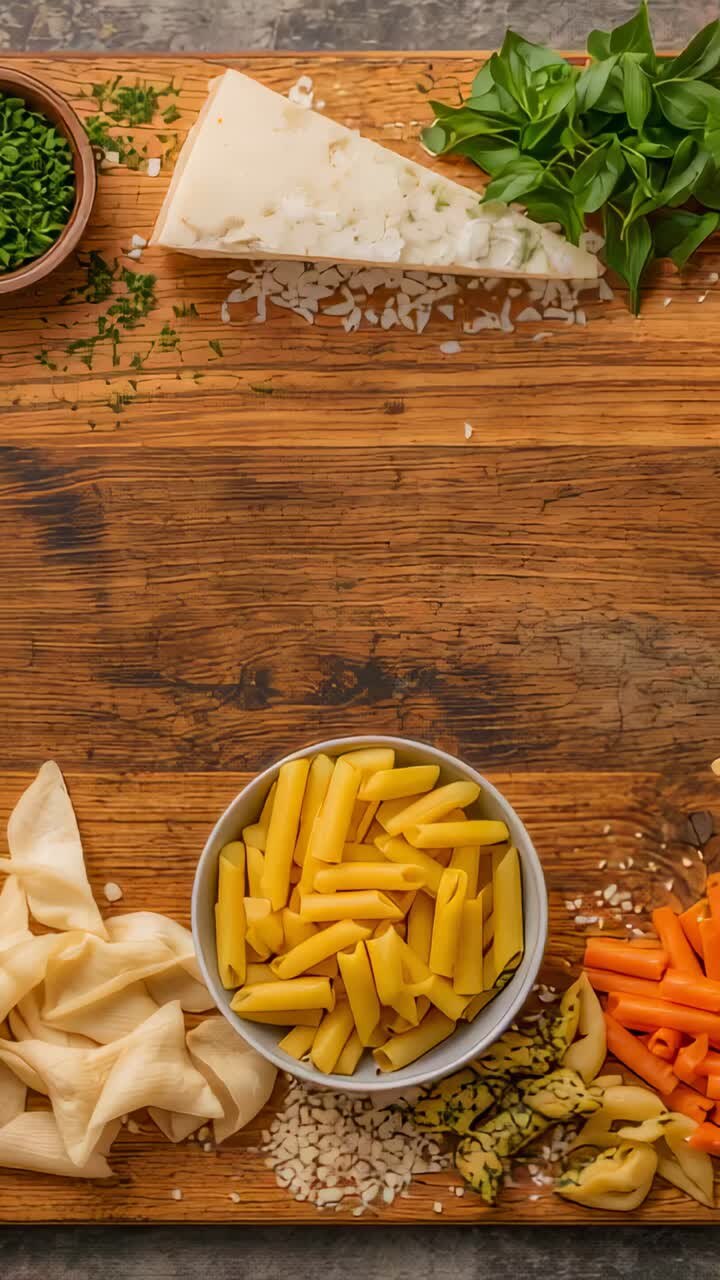 Video verticale: la camera scivola verso l'alto rivelando gli ingredienti sul tagliere di legno, penne per la ricetta