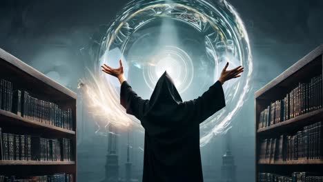 a sorcerer channeling ancient magic in a mystical library
