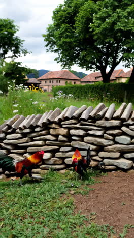 rooster by a stone wall