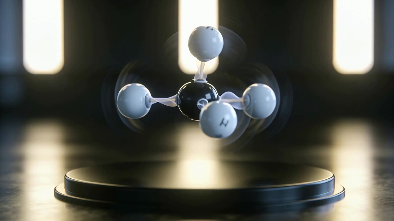 Rotating methane model starting when sequence starts above glossy pedestal for demo, labeled C H