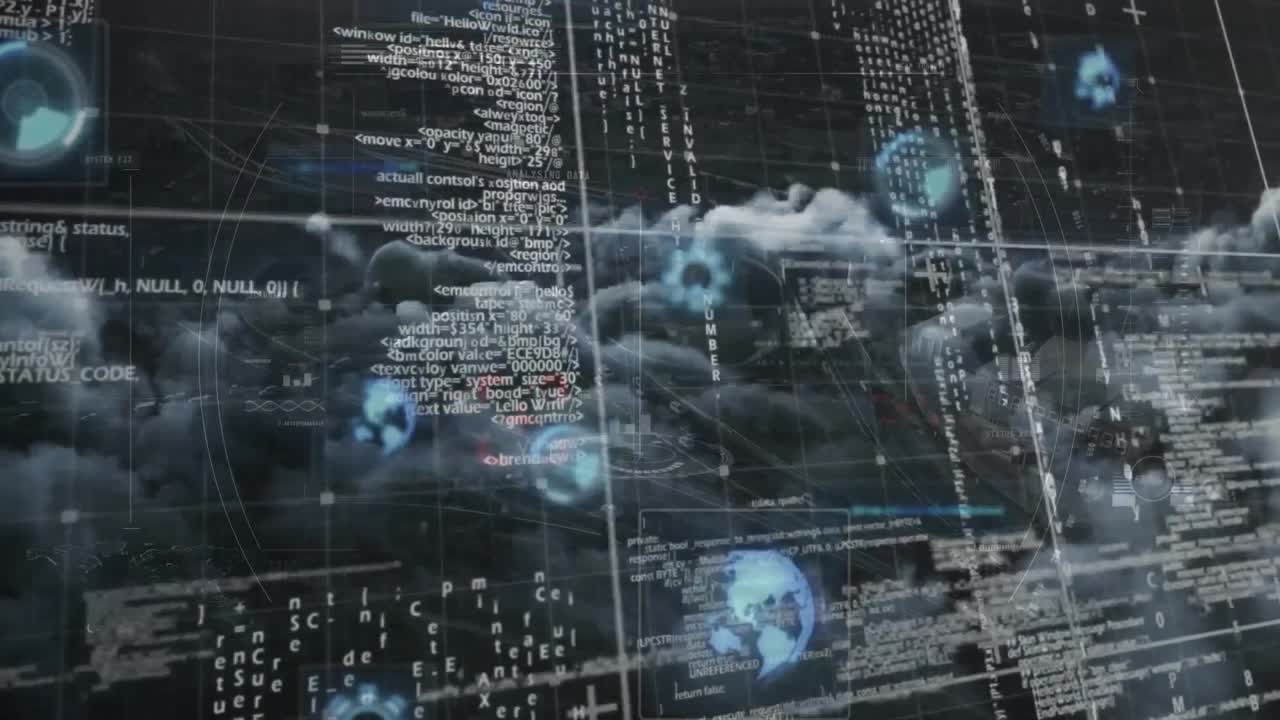Animation of round scanner and data processing over grid network against dark clouds
