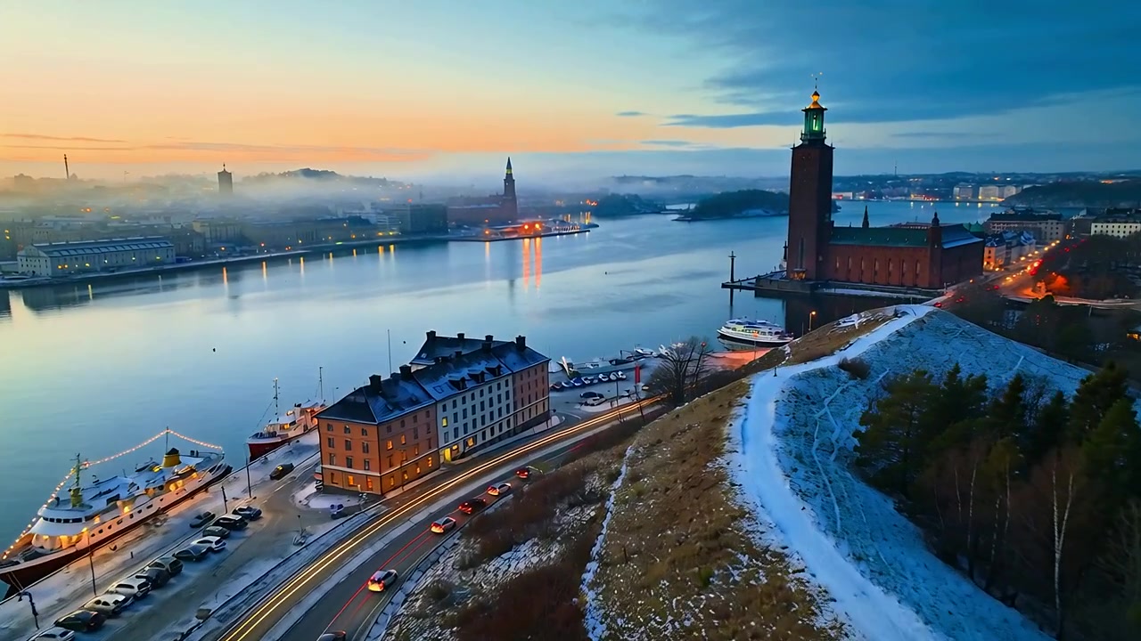 Telecamera aerea che scivola, rivelando una torre di mattoni e un pendio innevato al porto, mostrando luci, con spazio per il testo.