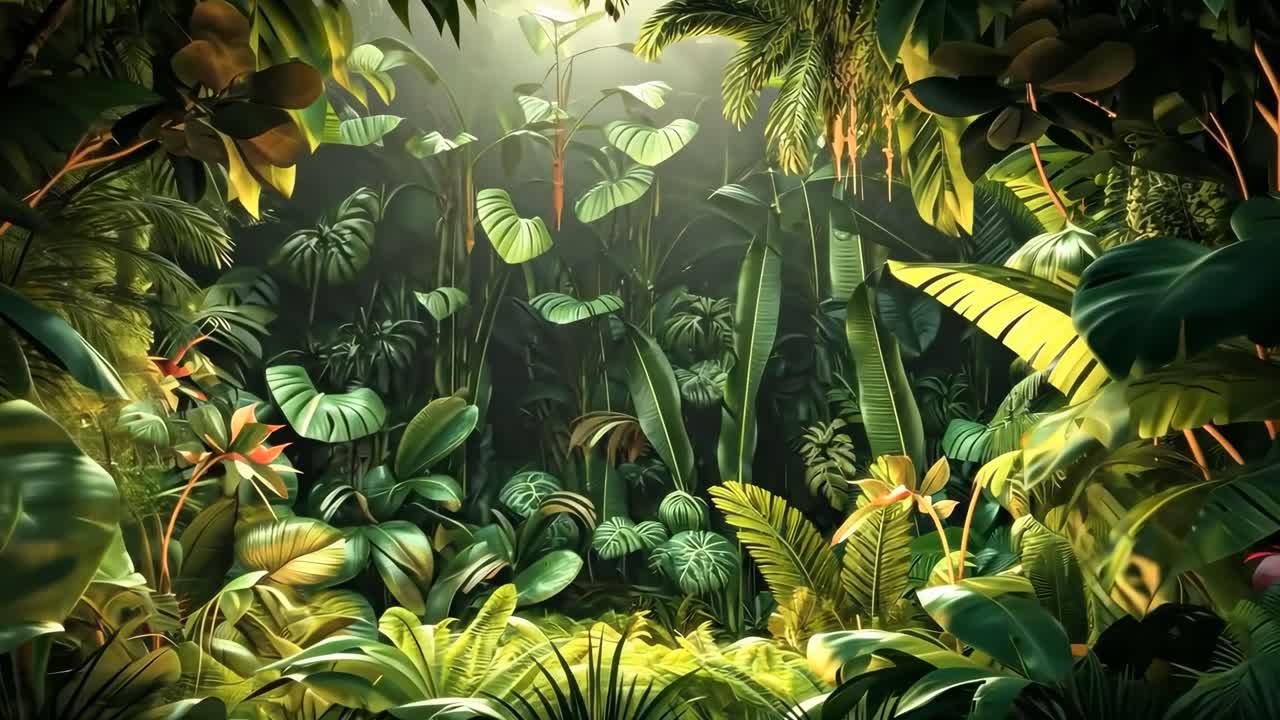 Rigogliosa scena nella giungla con fogliame vivace, ripresa da una prospettiva dal basso, creando un'esperienza coinvolgente