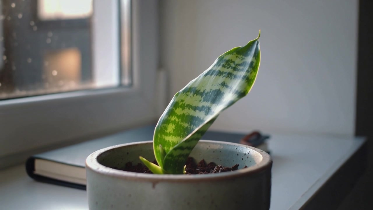 Foglia variegata inclinata che segue la luce della finestra, angolata a destra sul davanzale accanto a un vaso beige e un quaderno.