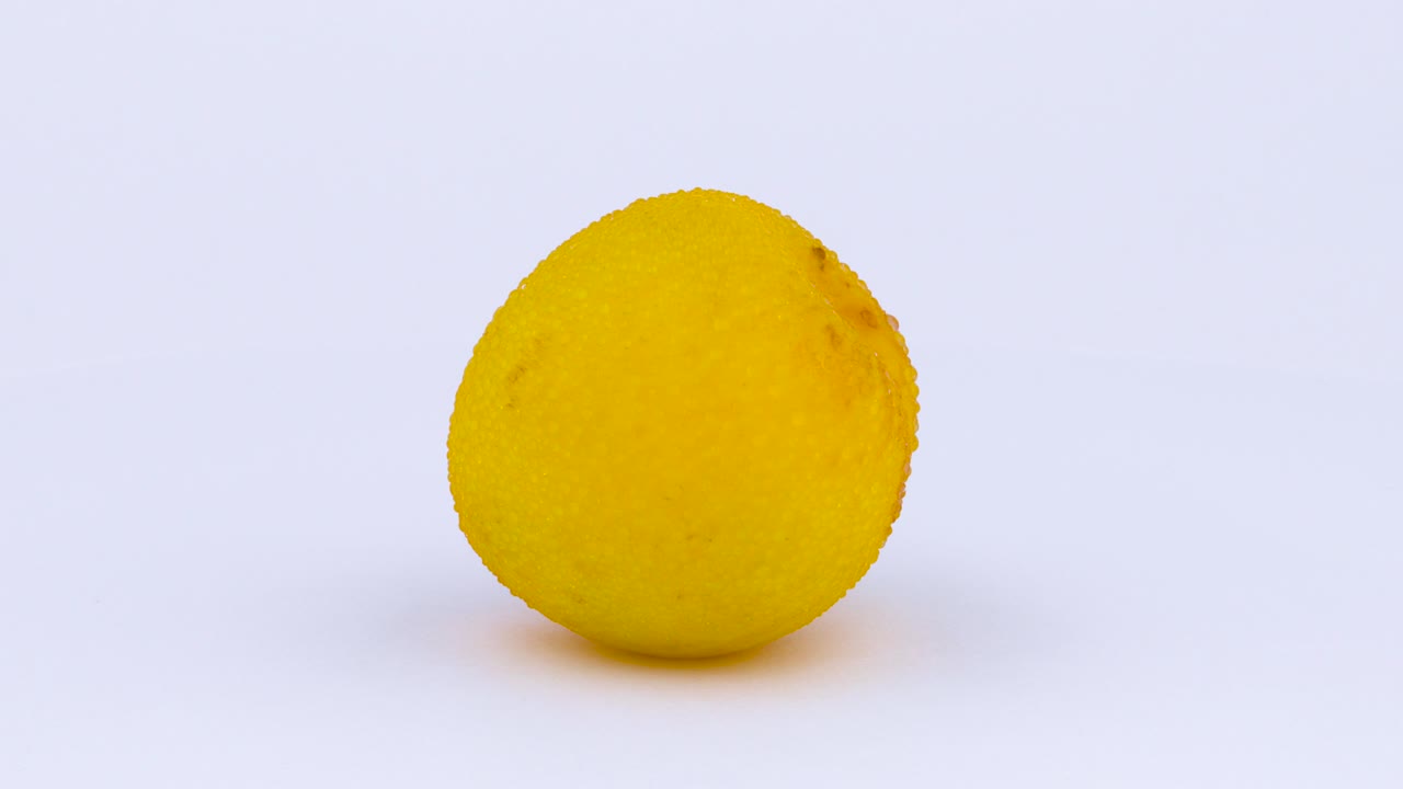 One whole big yellow plum on the turntable. Water drops appears on the skin during rotation. Isolated on the white background. Close-up. Macro.