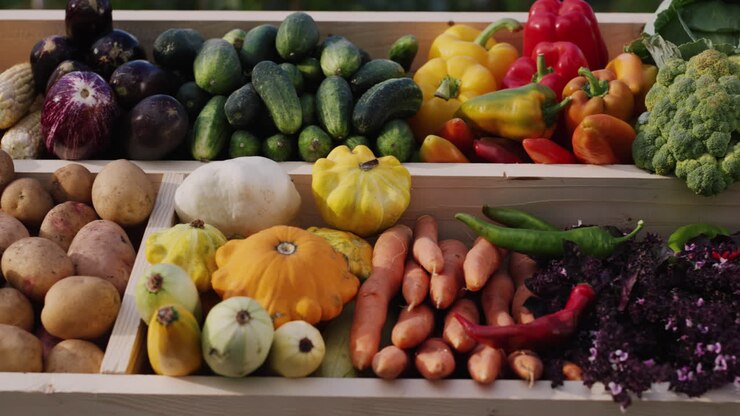 A counter with seasonal vegetables at the farmers' market 1