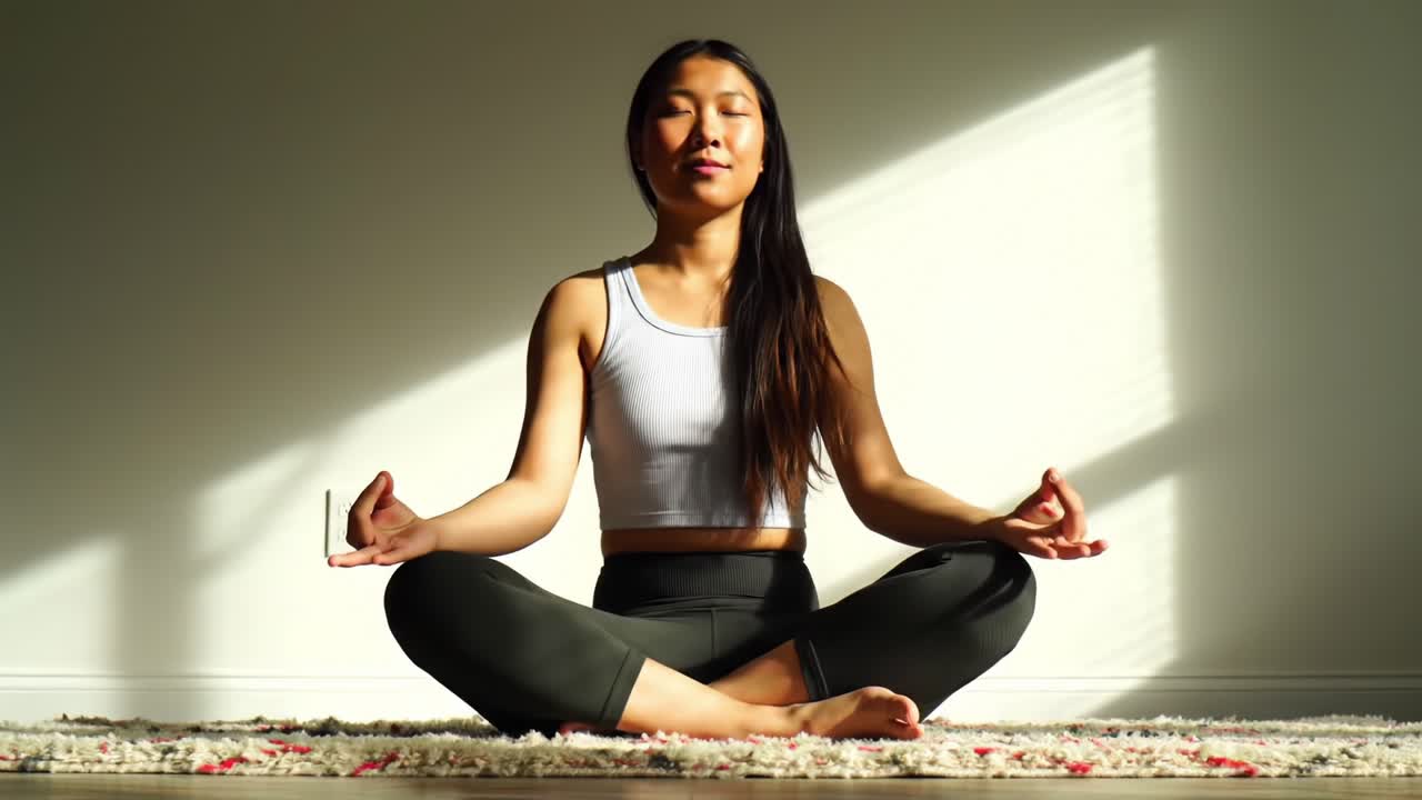 A Serene Moment of Meditation: Embracing Peace and Mindfulness in Natural Light with a Calm Individual Practicing Yoga on a Soft Rug