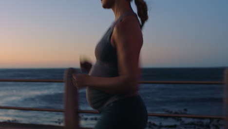 Running,-pregnant-woman-and-sea-promenade-at-night