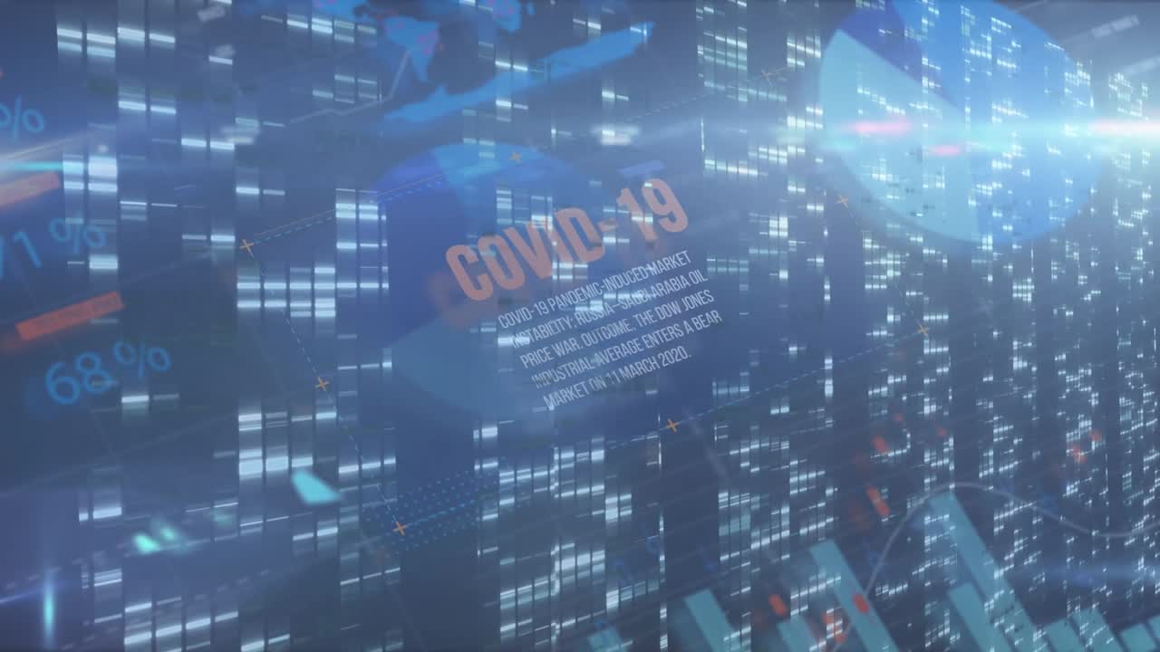 Animation of data and graphs with covid over data processing on navy background
