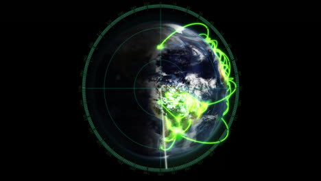 animation of digital data processing over globe on black background