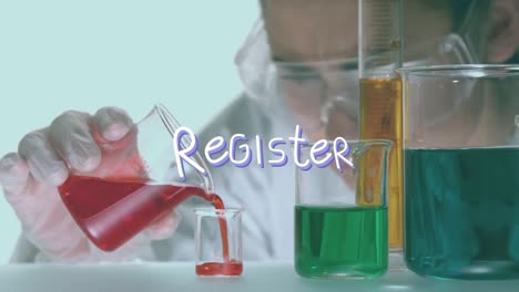 Animation-of-register-text-over-caucasian-female-scientist-and-beakers-with-liquid