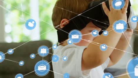 Animation-of-network-of-connections-over-caucasian-boy-using-vr-headset