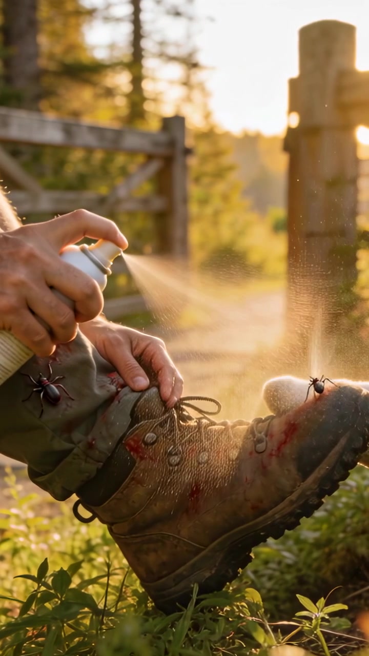 Vertical video: Spotting bugs, hiker spraying bloody boot on trail with spray can, removing insects