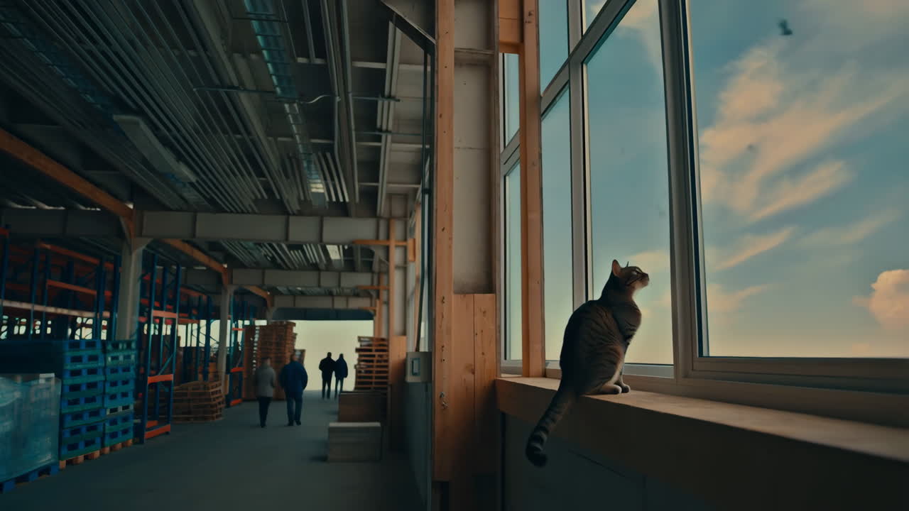 Cat Looking Out Large Window in an Industrial Warehouse