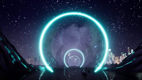 luz de neón, escena de paisaje extraterrestre. luz de neó en estilo de arte en línea sobre fondo negro. estandarte de luz retro de casino. líneas 3d de fondo. fondo futurista abstracto. ilustración de renderizado 3d. 4k