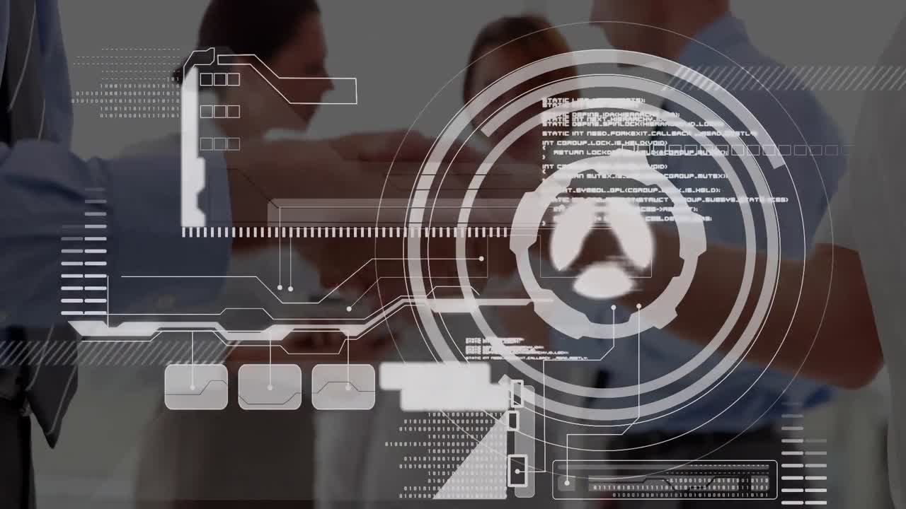 Animation of data processing over businessman handshake