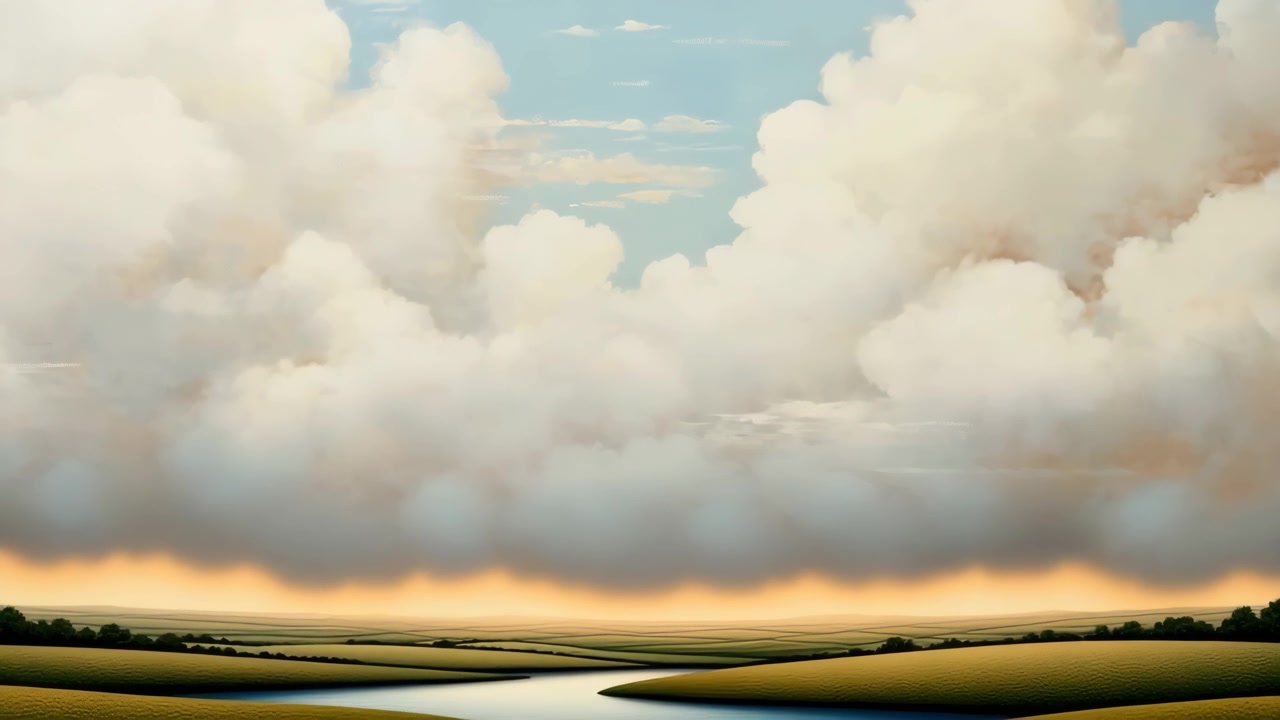 Serene Landscape with Rolling Hills and River Under Dramatic Clouds