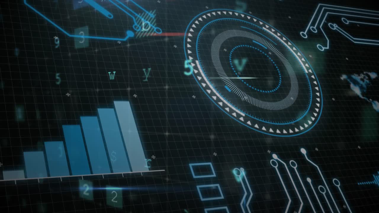 Animation of scopes scanning, data processing and cyber attack warning over blue grid