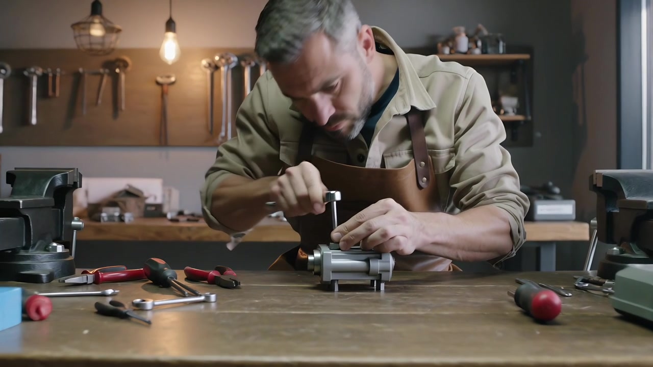 Leaning midlife mechanic in leather apron turning ratchet at bench, vise-clamped motor for repair