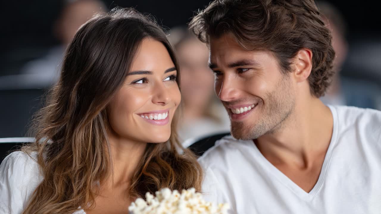 A Joyful Movie Experience: A Couple Enjoying Their Time Together, Smiling and Sharing Popcorn in a Cinematic Setting