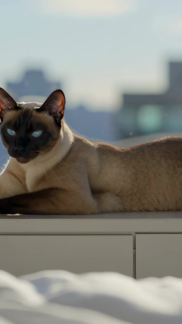 Video verticale: Un gatto si stira inarcando la schiena sul davanzale, mentre la luce del sole accarezza il gatto che si rilassa.