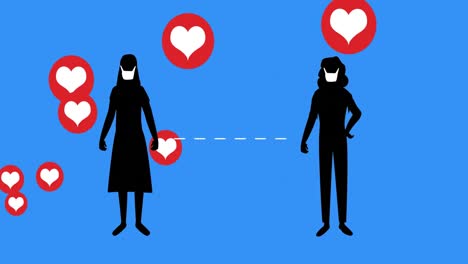 múltiples iconos de corazón que se mueven contra la mujer que usa una máscara facial manteniendo la distancia social
