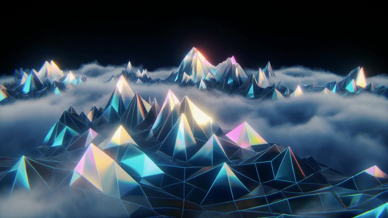 Abstract Low Poly Mountain Landscape Above Clouds