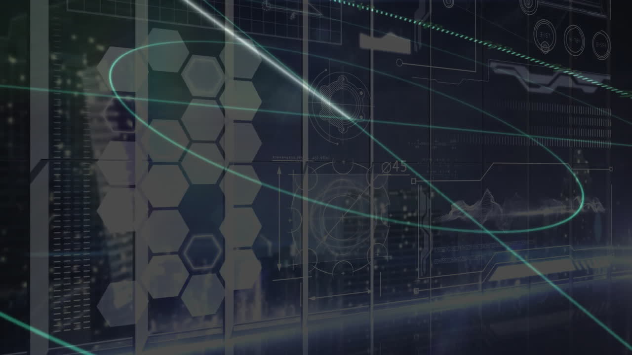 Futuristic digital interface with hexagonal patterns and data processing animation