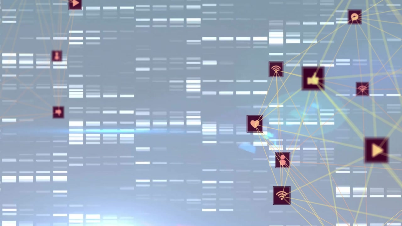 Grid showing icons fading then linking web with heart centering, envelope emerging pulsing network