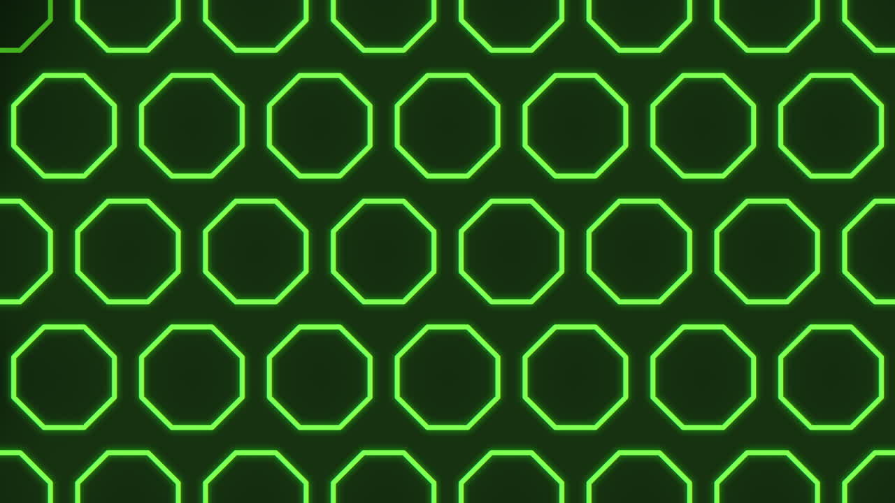 A mesmerizing black background is illuminated by a hexagonal pattern of glowing green circles, creating a captivating visual display of interconnected shapes