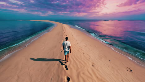 man walking on a sandy path between oceans at sunset