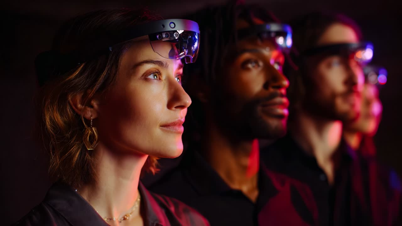 A group of individuals wearing advanced augmented reality headsets, focused and engaged, showcasing the latest in immersive technology designed for enhanced experiences and realistic interactions in various environments