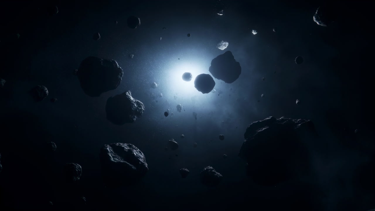 Dark Asteroid Field With Backlit Star, Tumbling Boulders Drift Through Deep Blue Void Survey Probe Weaves