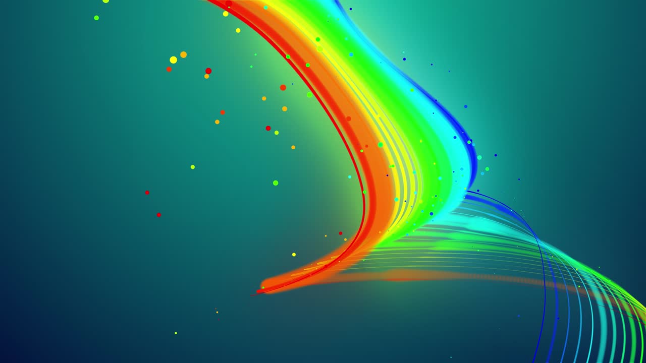 무지개 색의 반이는 선이 공중에 날아다니며 부드럽게 진동하고 파동합니다. 3d 추상적인 루프 창조적 배경은 반이는 리본과 같은 입자로 액체에 떠 있습니다. 알파 채널로 루마 매트.