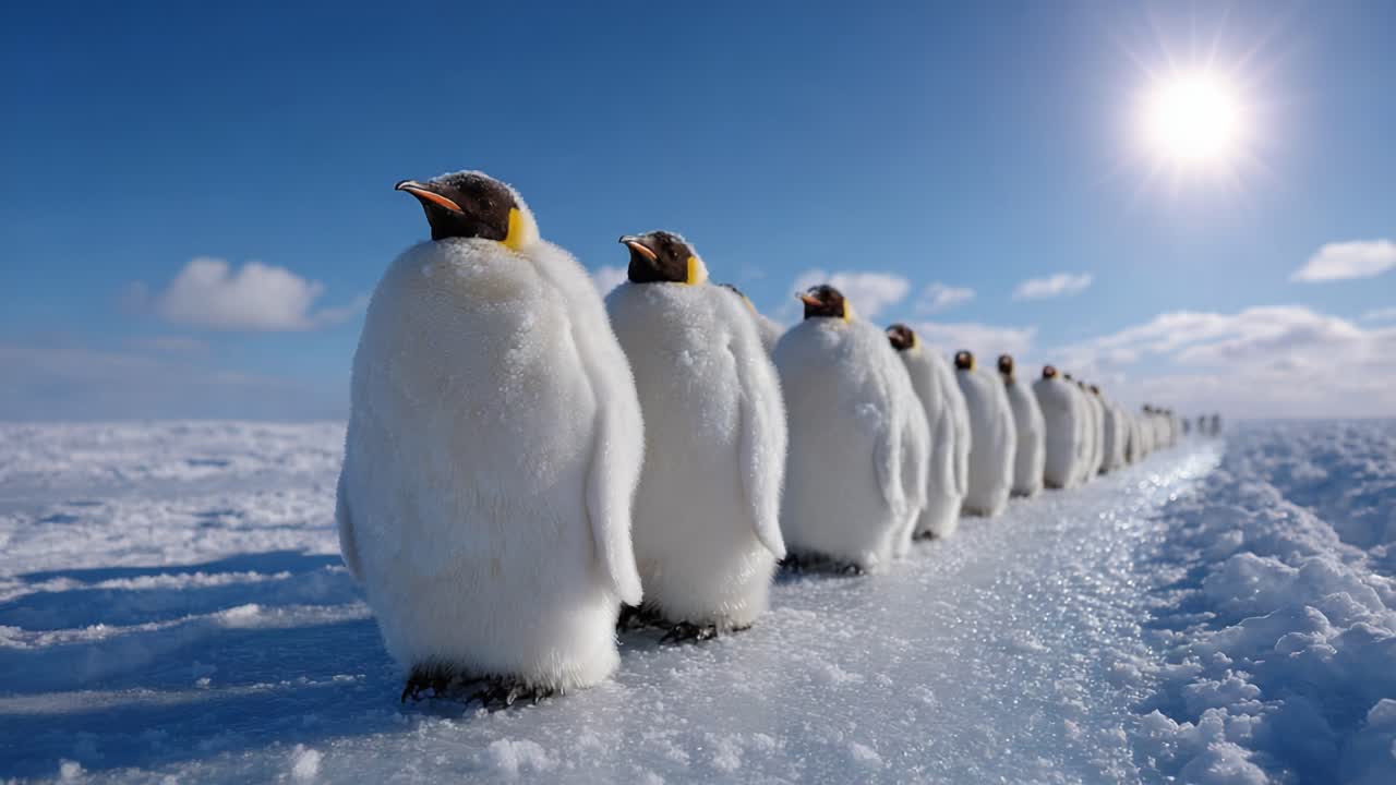 A Charming Line of Emperor Penguins Marching Together Across the Icy Terrain Beneath a Clear Blue Sky and Radiant Sunlight, Showcasing Their Unique Features and Habitat
