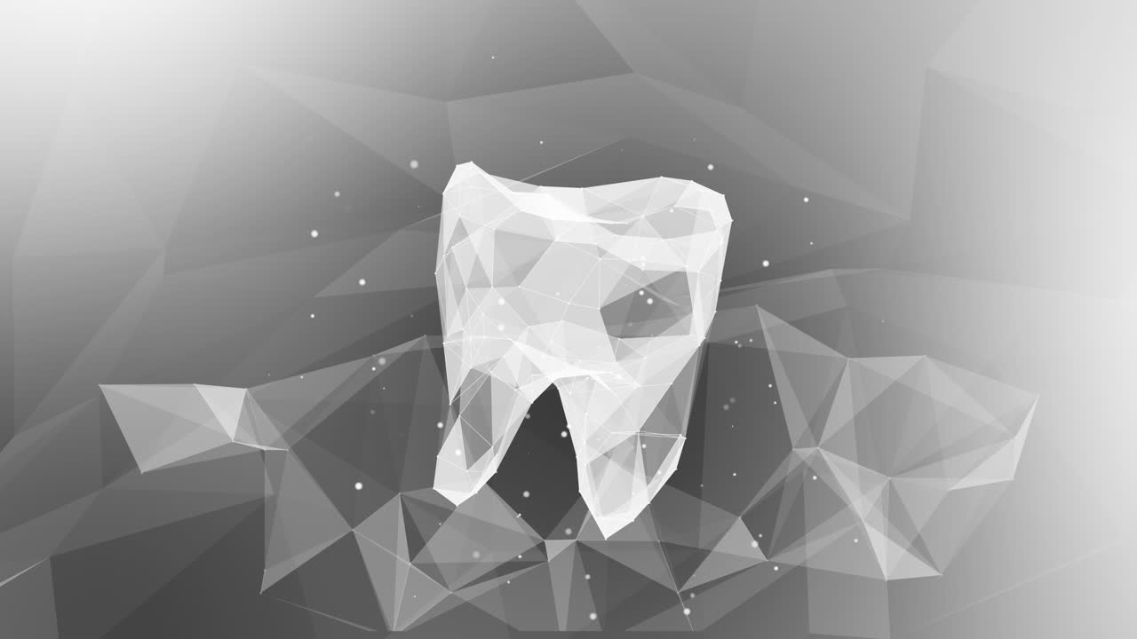 3D model of tooth from polygonal lines and triangles. Dental white abstract background with glowing dots and lines. Looped. Wireframe low poly style banner.