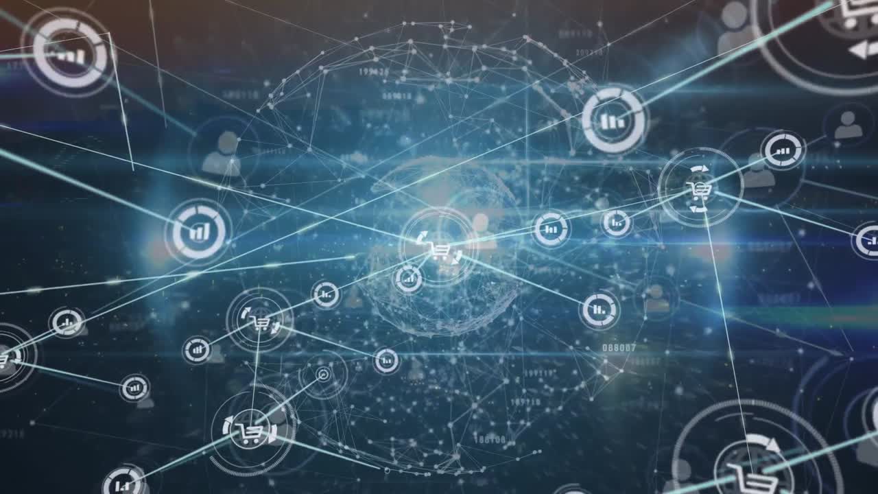 Animation of network of information and shopping icons transferring data over glowing globe