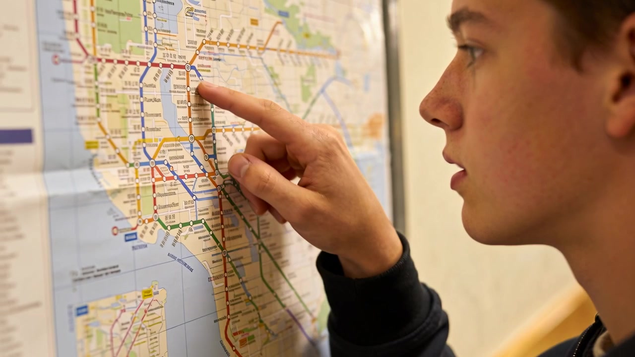 Opening eyes, teen male in hoodie tracing transit wall map with fingertip, finding stop, copy space